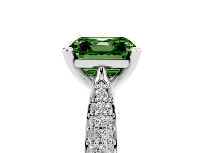 Fancy Green Asscher Cut Diamond Solitaire Engagement Ring Set in White gold with Multi-Row Round Pavé Band and Prong Setting