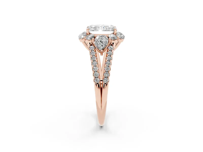 Radiant Cut Scalloped Halo Engagement Ring Setting | Pear Side Stones | Rose Gold