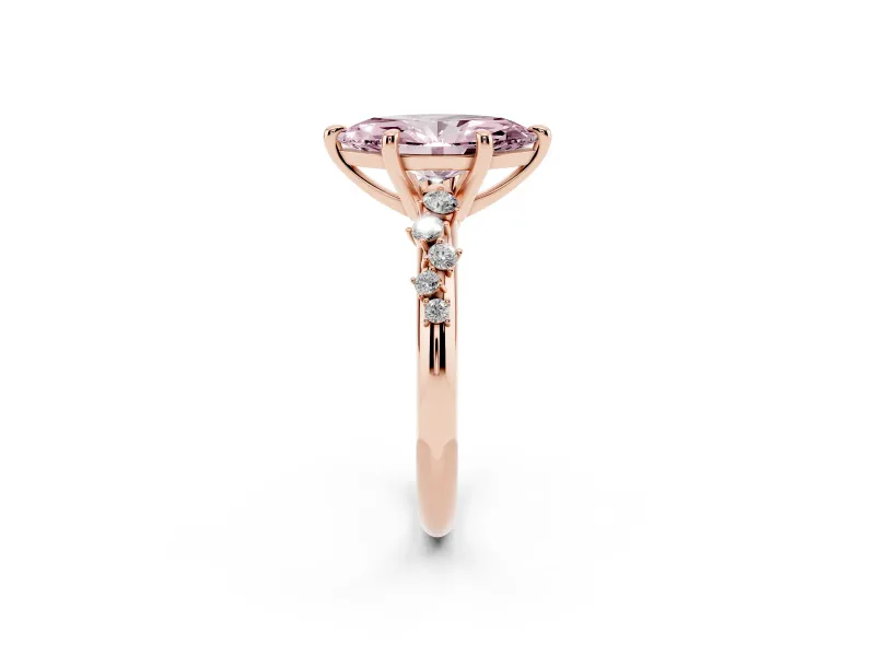Fancy Pink Marquise Cut Diamond Solitaire Vine Band Ring Set in Rose gold with Round Accents and Prong Setting