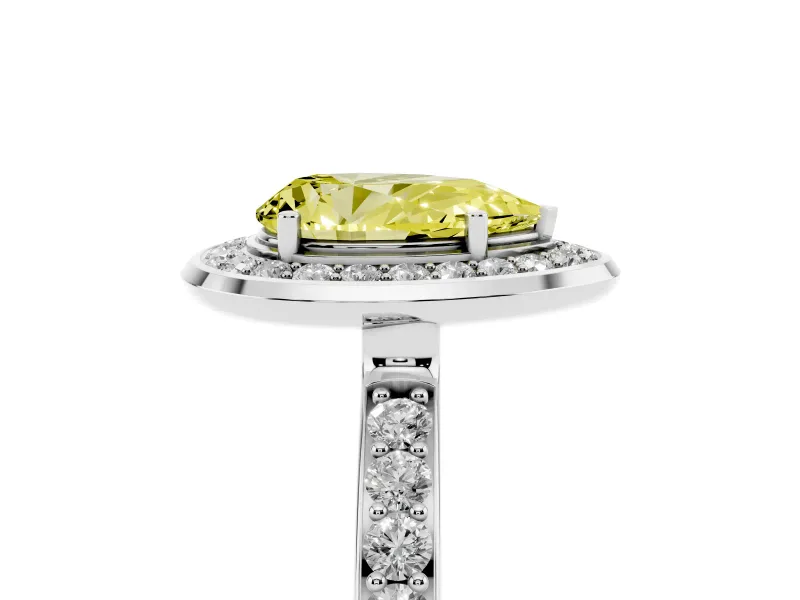 Fancy Yellow Pear Cut Diamond Halo Ring Set in Silver with Bezel Frame and Pavé Band