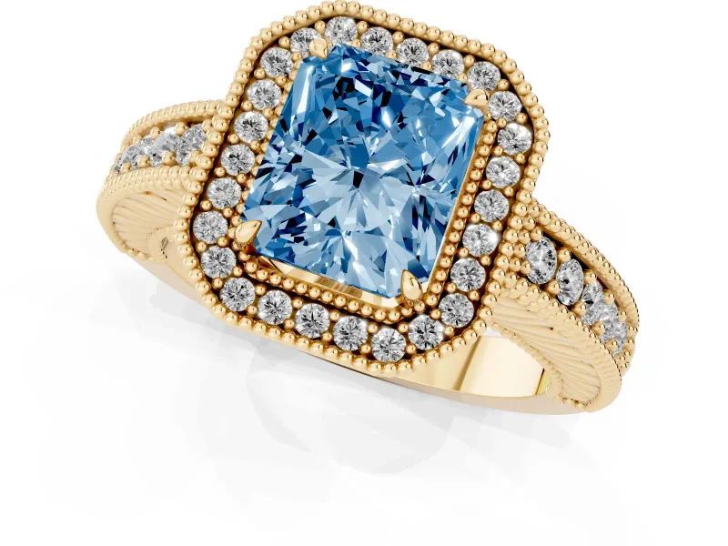 Fancy Blue Radiant Cut Diamond Halo Ring Set in Yellow gold with Round Accent Halo, Pavé Band and Prong Setting