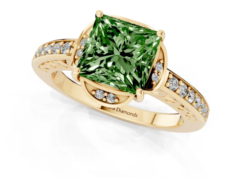 Princess Cut Floral Pavé Engagement Ring Setting for a Fancy Green Lab-Grown Diamond | Yellow Gold