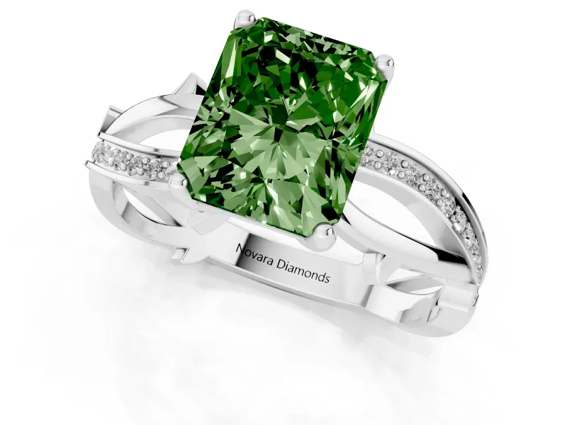 Fancy Green Radiant Cut Diamond Pavé Twist Band Solitaire Ring Set in Silver with Prong Setting