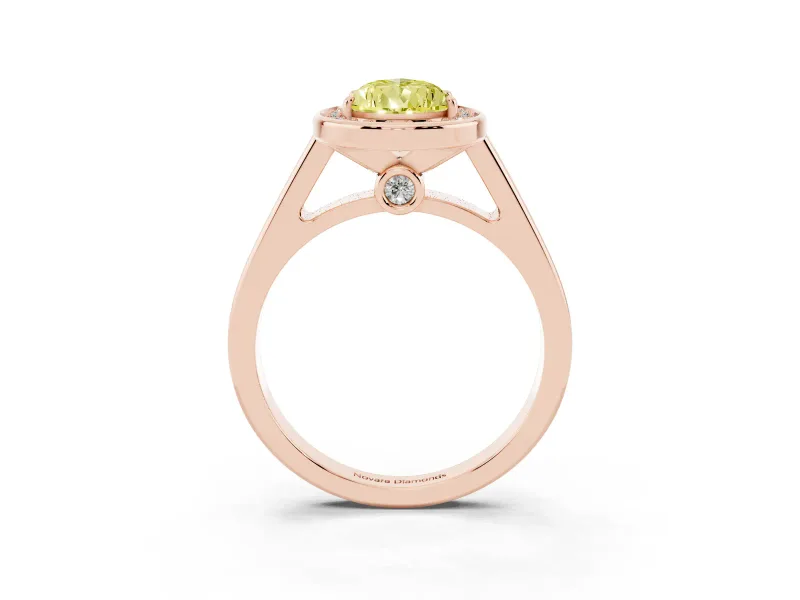 Fancy Yellow Pear Cut Diamond Halo Solitaire Ring Set in Rose gold with Pavé Band and Bezel Setting