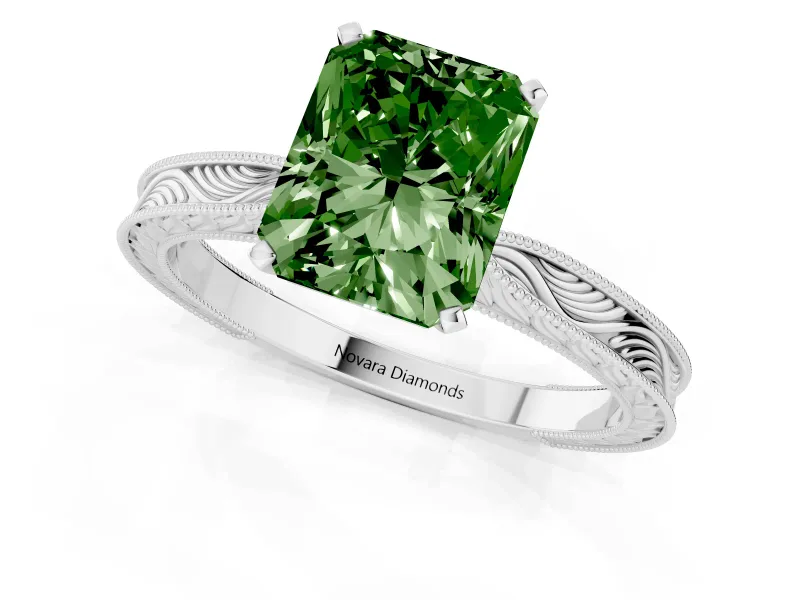Radiant Cut Engraved Solitaire Engagement Ring Setting for a Fancy Green Lab-Grown Diamond | Sterling Silver