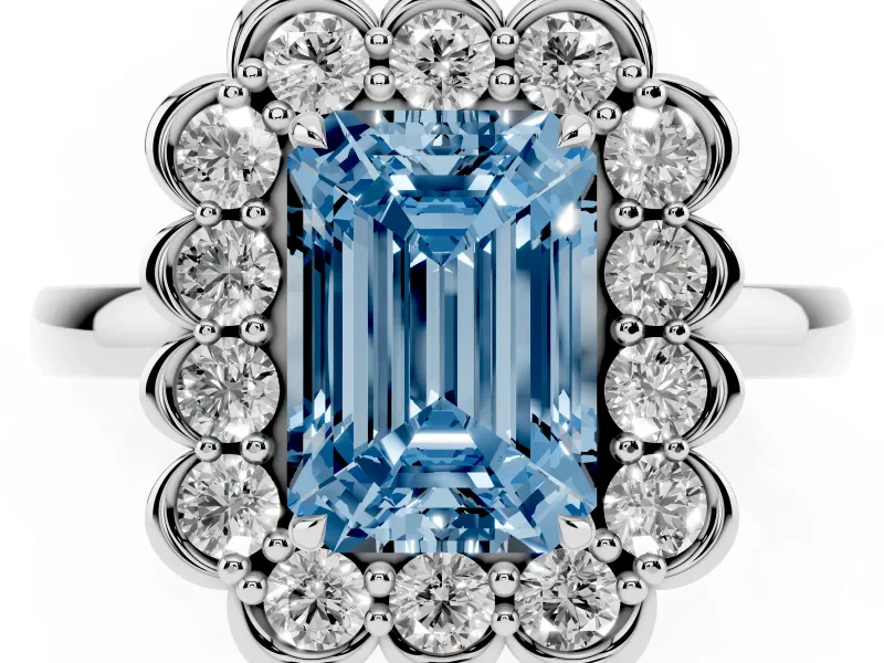 Emerald Cut Scalloped Cluster Halo Engagement Ring Setting for a Fancy Blue Lab-Grown Diamond | Plain Band | Platinum
