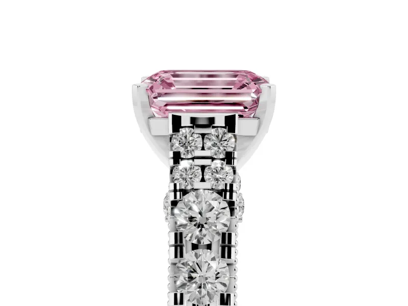Fancy Pink Emerald Cut Diamond Classic Solitaire Ring Set in Platinum with Pavé Band and Prong Setting