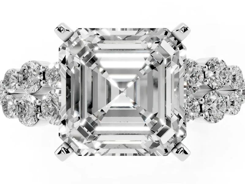 Asscher Cut Side Stone Engagement Ring Setting | Two-Row Shoulder Clusters | Platinum
