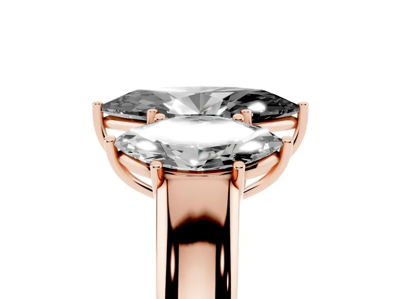 Fancy Black Three-Stone Marquise Cut Diamond Ring Set in Rose gold with Matching Prong Settings and Plain Band