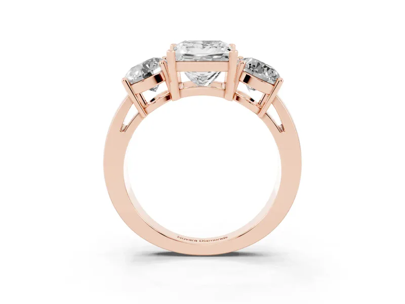 Princess Cut Three Stone Engagement Ring Setting | Wide Plain Band | Rose Gold