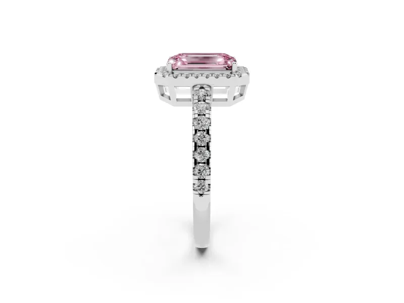 Fancy Pink Emerald Cut Diamond Halo Ring Set in White gold with Delicate Pavé Band and Prong Setting