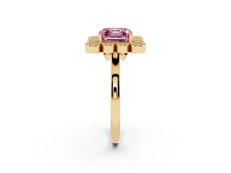 Asscher Cut Milgrain Cluster Halo Engagement Ring Setting for a Fancy Pink Lab-Grown Diamond | Plain Band | Yellow Gold