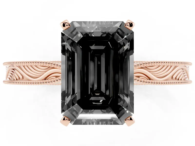 Emerald Cut Engraved Solitaire Engagement Ring Setting for a Black Center | Rose Gold