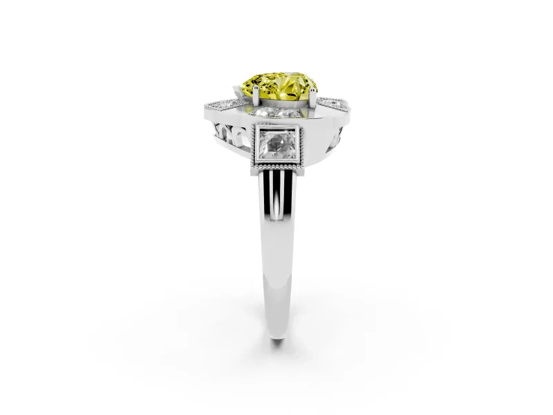 Fancy Yellow Heart Cut Diamond Milgrain Halo Ring Set in White gold with Split Shank