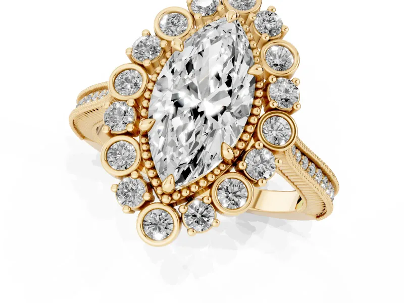 Marquise Cut Diamond Halo Milgrain Pavé Ring Set in Yellow gold with Prong Setting