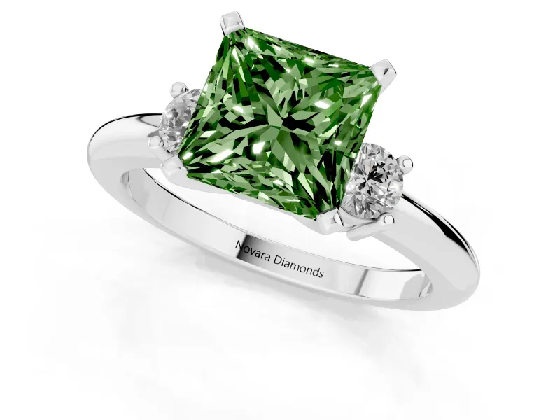 Fancy Green Three-Stone Princess Cut Diamond Ring Set in Silver with Prong Setting and Plain Band