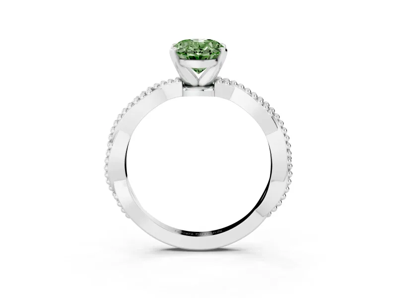 Fancy Green Oval Cut Diamond Solitaire Ring Set in White gold with Twisted Band and Bead Prong Setting