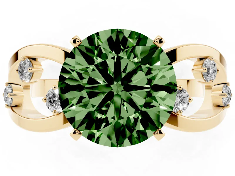Fancy Green Round Cut Diamond Solitaire Ring Set in Yellow gold with Side Stones on Criss-Cross Band and Prong Setting