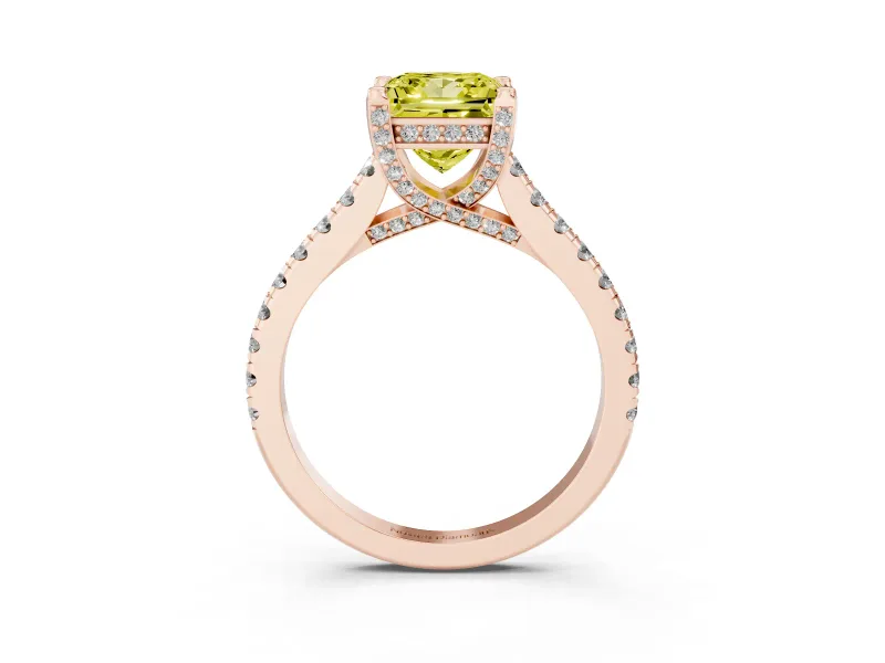 Princess Cut Hidden Halo Pave Engagement Ring Setting for a Fancy Yellow Lab-Grown Diamond | Claw Prongs | Rose Gold