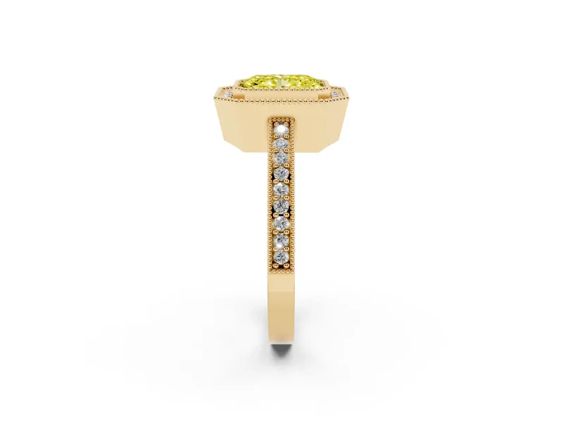 Fancy Yellow Radiant Cut Diamond Halo Engagement Ring Set in Yellow gold with Pavé Band and Round Halo Stones