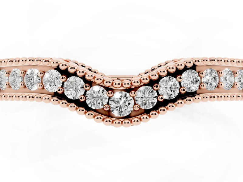 Round Lab-Grown Diamond Pavé Chevron Milgrain Wedding Band | Scrollwork Sides | Rose Gold