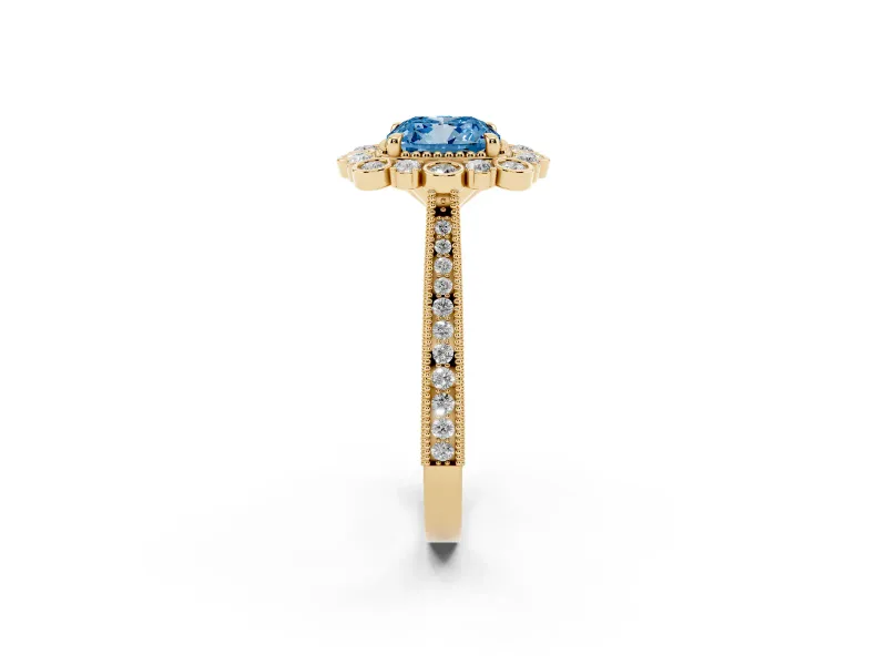 Fancy Blue Cushion Cut Diamond Halo Milgrain Pavé Ring Set in Yellow gold with Prong Setting