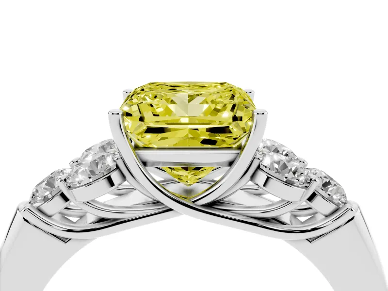 Fancy Yellow Princess Cut Diamond Cluster Ring Set in Silver with Round Accent Stones and Prong Setting on a Plain Band