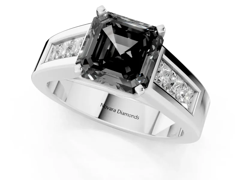 Fancy Black Asscher Cut Diamond Solitaire Ring Set in Platinum with Channel-Set Accent Stones and Prong Setting