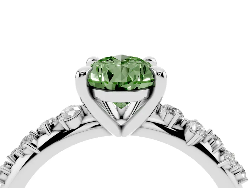 Fancy Green Pear Cut Diamond Solitaire Vine Band Ring Set in White gold with Round Accents and Prong Setting