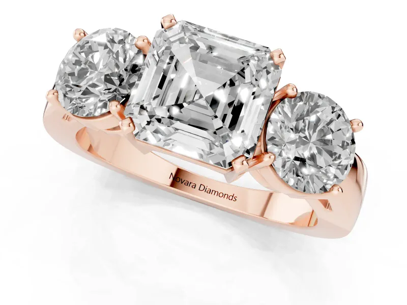 Asscher Cut Three Stone Engagement Ring Setting | Wide Plain Band | Rose Gold