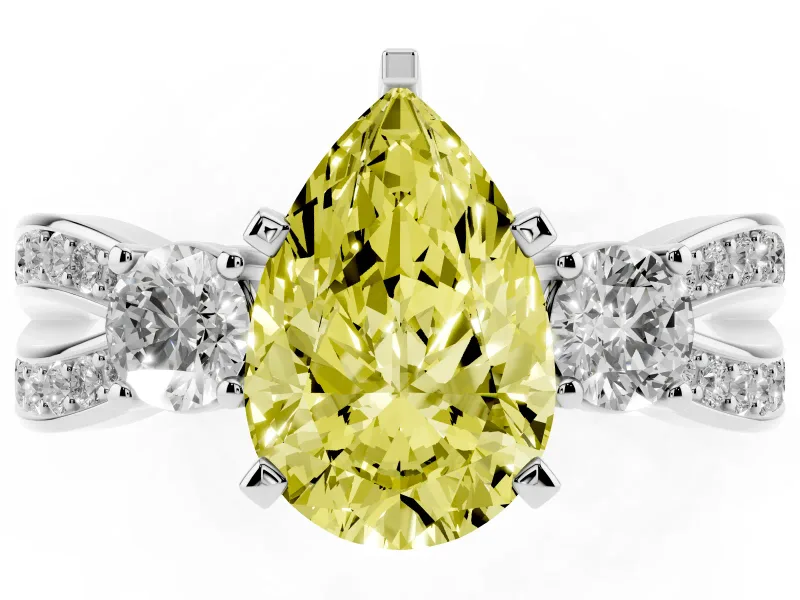 Fancy Yellow Three-Stone Pear Cut Diamond Twist Band Ring Set in Platinum with Pavé Accents and Prong Setting