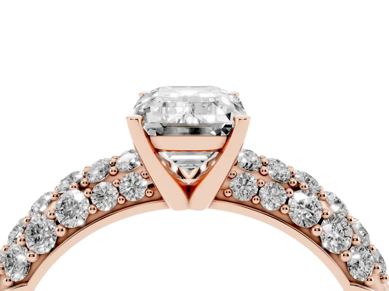 Emerald Cut Multi Row Pave Solitaire Engagement Ring Setting | Domed Shoulders | Rose Gold