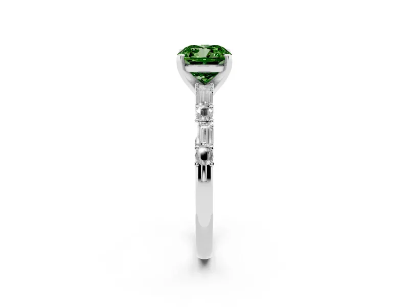 Fancy Green Cushion Cut Diamond Solitaire Set in Platinum with Side Baguettes and Channel Set Band