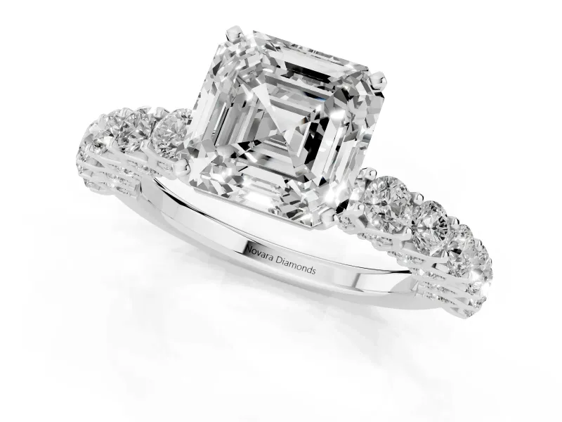 Asscher Cut Shared Prong Engagement Ring Setting | Two-Row Band | Platinum