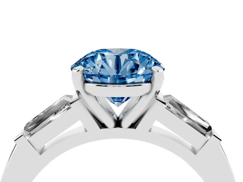 Round Three Stone Engagement Ring Setting for a Fancy Blue Lab-Grown Diamond | Tapered Baguettes | Sterling Silver