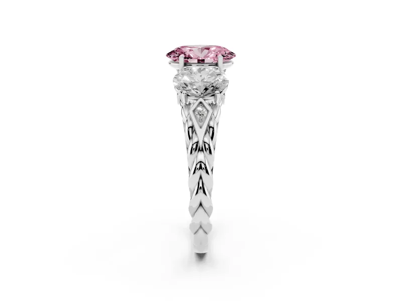 Fancy Pink Oval Cut Diamond Three-Stone Ring Set in White gold with Braided Band