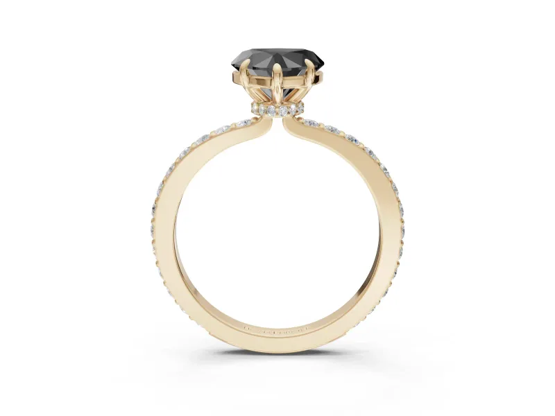 Heart-Shaped Hidden Halo Engagement Ring Setting for a Black Center | Pavé Band | Yellow Gold
