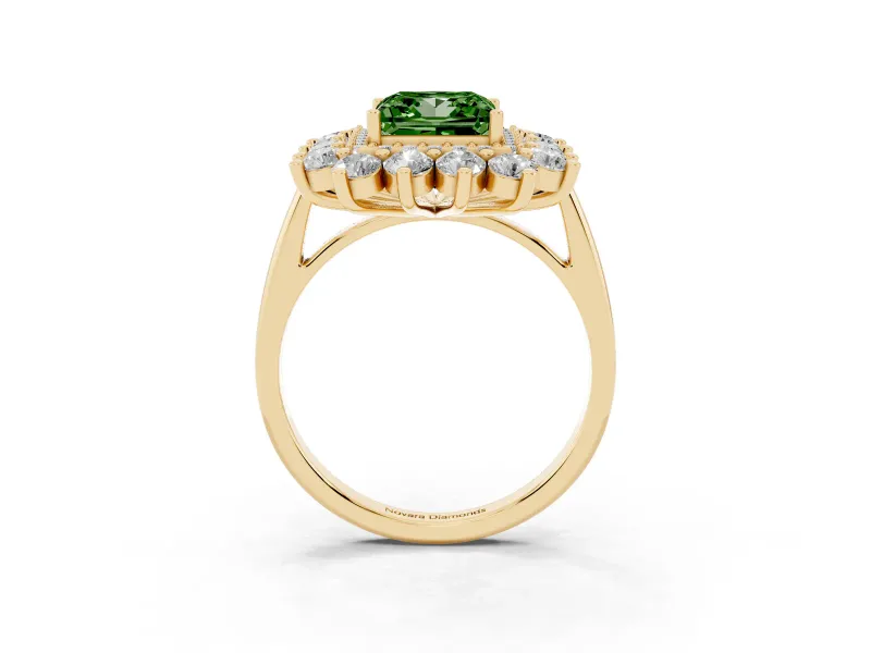 Princess Cut Floral Double Halo Engagement Ring Setting for a Fancy Green Lab-Grown Diamond | Plain Band | Yellow Gold