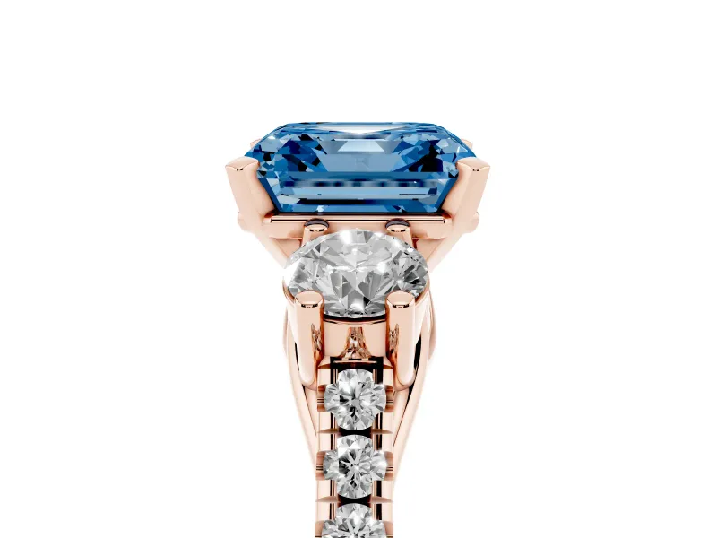 Fancy Blue Three-Stone Asscher Cut Diamond Pavé Band Ring Set in Rose gold with Prong-Set Trio