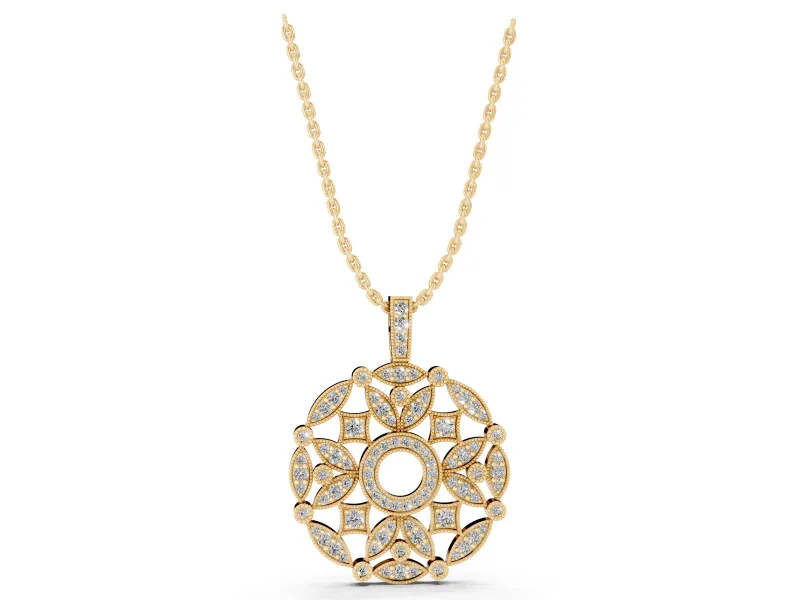 Round Lab-Grown Diamond Graduated Filigree Disc Pendant Necklace | Milgrain Edges | Yellow Gold