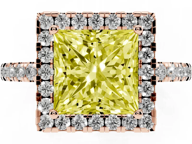 Princess Cut Halo Engagement Ring Setting for a Fancy Yellow Lab-Grown Diamond | Shared Prong Pavé Band | Rose Gold