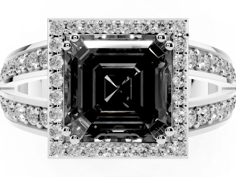 Asscher Cut Halo Engagement Ring Setting for a Black Center | Two-Row Pavé Split Shank | Platinum