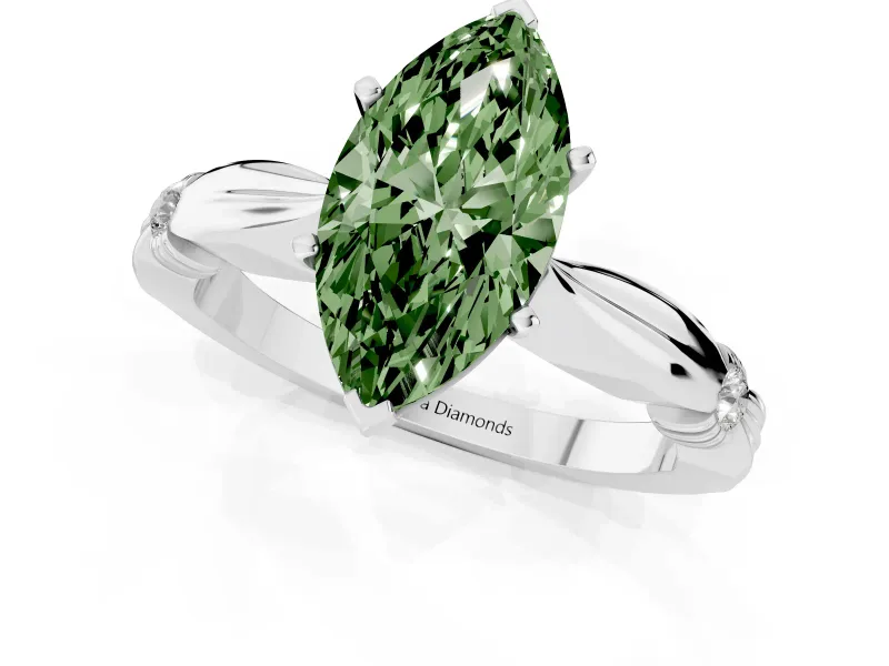 Fancy Green Marquise Cut Diamond Solitaire Twisted Band Ring Set in Silver with Accent Stones and Prong Setting
