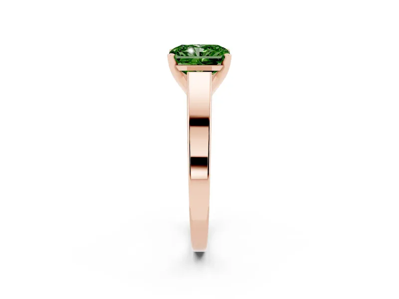 Fancy Green Radiant Cut Diamond Solitaire Engagement Ring Set in Rose gold with Prong Setting and Tapered Band