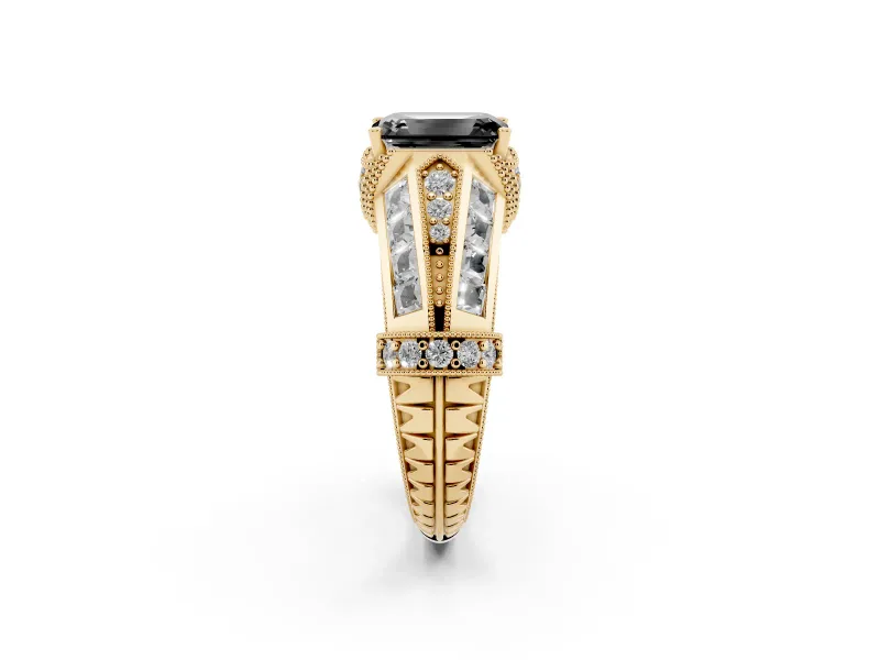 Fancy Black Emerald Cut Diamond Vintage-Inspired Milgrain Ring Set in Yellow gold with Accent Split Shank