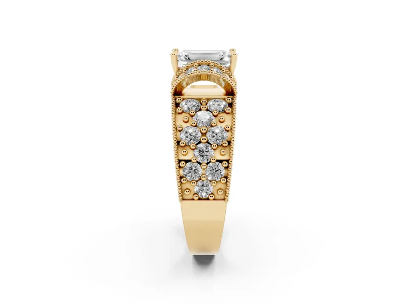 Emerald Cut Vintage Milgrain Pave Engagement Ring Setting | Crescent Side Rows | Yellow Gold