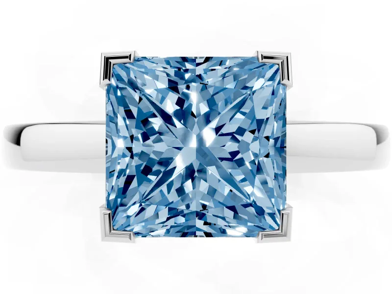 Fancy Blue Princess Cut Diamond Solitaire Ring Set in White gold with Prong Head and Smooth Polished Band