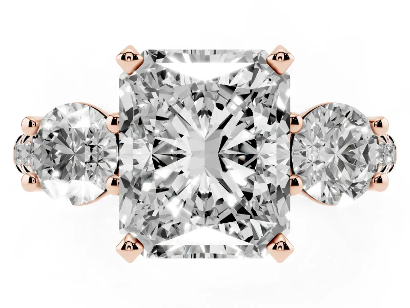 Three-Stone Radiant Cut Diamond Pavé Band Ring Set in Rose gold with Prong-Set Trio