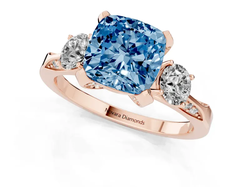 Cushion Cut Hidden Halo Three Stone Engagement Ring Setting for a Fancy Blue Lab-Grown Diamond | Rose Gold