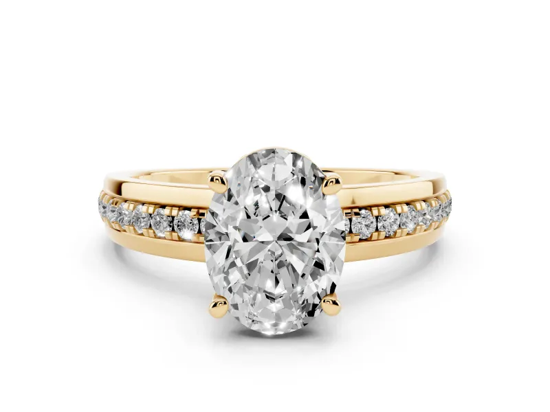 Oval Cut Diamond Solitaire Ring Set in Yellow gold with Channel Set Band and Prong Setting